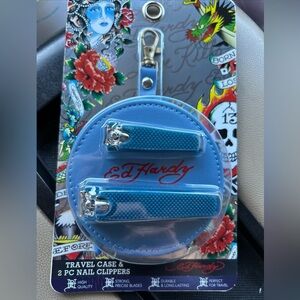 ED HARDY 2 Piece Nail Clippers Trimmers Travel Round Lite Blue Case Unisex New